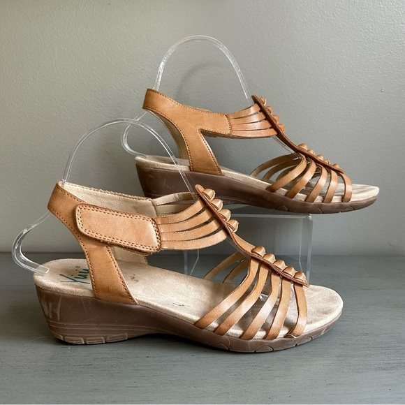 Yuu Handey Strappy Wedge Gladiator Tan Neutral Ankle Strap Sandals 7 Wide Boho - Picture 10 of 16